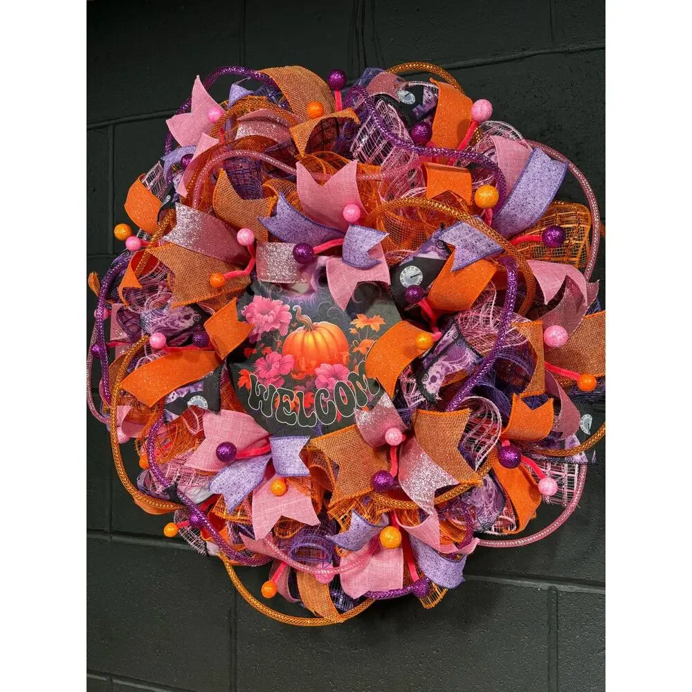 Fall Wreath For Front Door Halloween Pumpkin Orange Pink Purple Handmade 24 inch